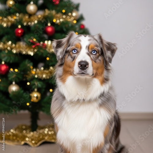 Focused Australian Shepherd dog posing in front of Christmas tree.