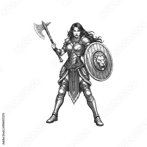 Vintage Female Warrior with Lion Shield and Battle Axe Full Body Illustration engraving style flat vector design