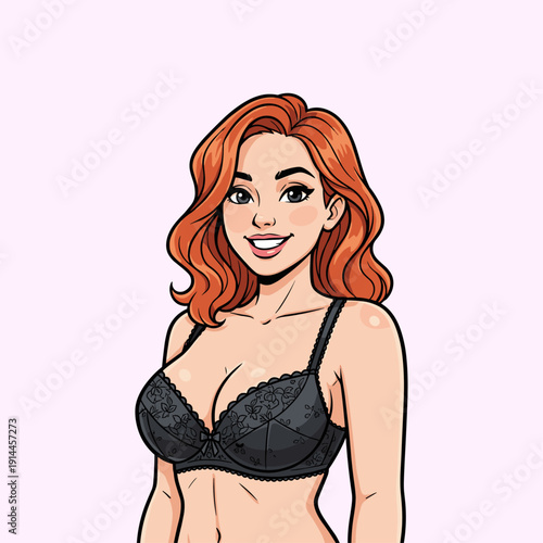 Beautiful redhead woman in black bra flat vector design