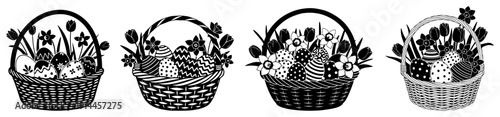 Set of wicker Easter baskets with decorated eggs and spring flowers in black and white silhouette style