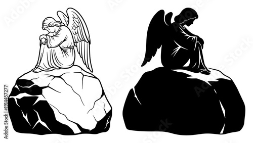 Sorrowful angel sitting on a stone in black and white silhouette and line art style