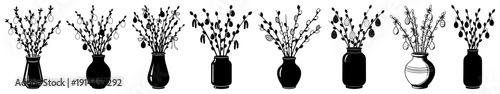 Collection of vases with pussy willow branches and hanging easter eggs in black silhouette style