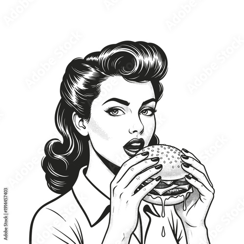 Retro Pin-up Woman Eating a Large Juicy Burger Illustration engraving style flat vector design