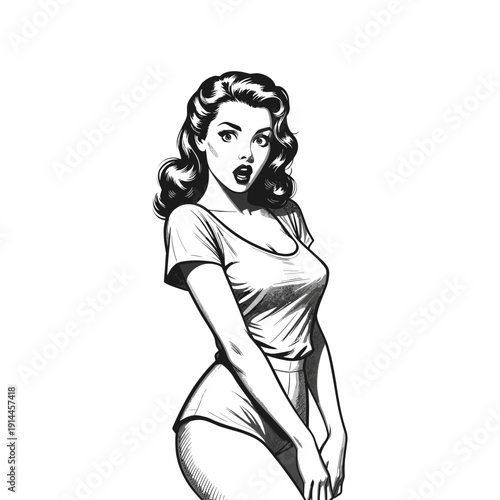 Vintage 1950s Style Woman in T-Shirt and Shorts with Surprised Expression engraving style flat vector design