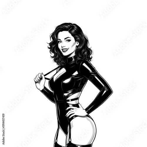 Vintage Comic Style Illustration of a Woman in a Zipped Latex Cut-out Bodysuit engraving style flat vector design