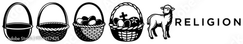 Set of Easter baskets with eggs and a sacrificial lamb representing religious traditions