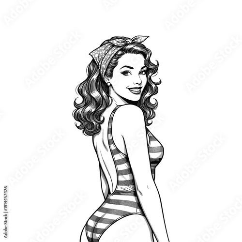 Vintage Pin-up Woman in Striped One-Piece Swimsuit with Polka Dot Headband engraving style flat vector design