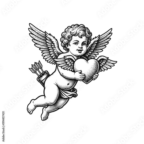 Retro Engraving Style Cupid Illustration Holding a Large Heart for Valentine's Day flat vector design