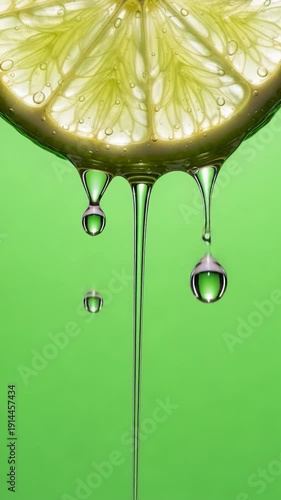 Fresh lemon slice with dripping juice on green background