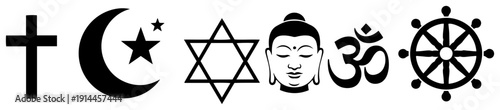 Collection of world religion symbols including cross crescent star and dharma wheel in black silhouette style