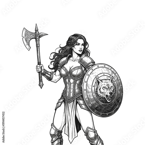 Vintage Viking Maiden Warrior Illustration with Wolf Shield and Battle Axe engraving style flat vector design