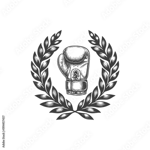 Vintage Boxing Glove in Laurel Wreath Monochrome Vector Illustration logo  engraving style flat vector design