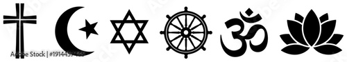 Global religious icons set with cross star of david and lotus flower in black flat design