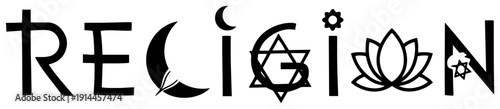 Creative typography design for the word religion using various world faith symbols