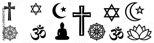 Diverse collection of religious symbols and spiritual icons in black and white vector style