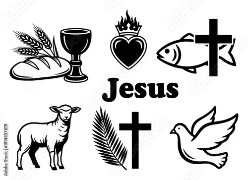 Collection of Christian religious symbols including the cross lamb of god and sacred heart
