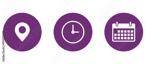 Date, time, and location vector icons, featuring calendar, clock, and map pin symbols, ideal for scheduling apps, office time tracking
