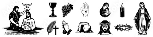 Large collection of religious icons and scenes representing christian faith in black and white silhouette art