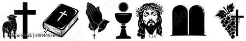 Collection of Christian religious symbols including bible cross and jesus christ in black silhouette style