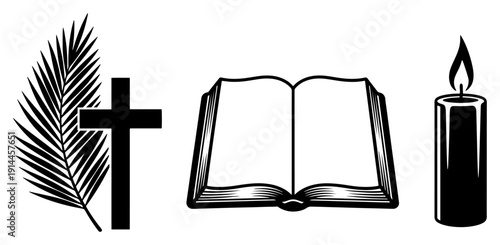 Religious iconography featuring an open bible candle and palm branch with cross in black and white style
