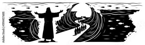 Silhouette illustration of Moses parting the Red Sea for people to cross on dry land