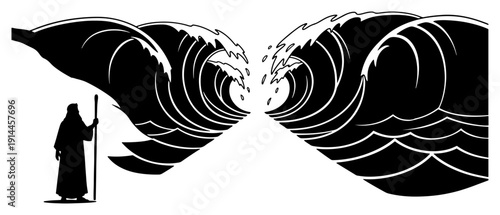 Minimalist silhouette of Moses with staff standing before massive parting waves of the sea
