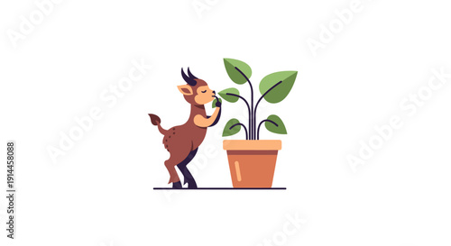 Goat Smelling a Green Plant.