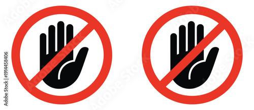 Do not enter prohibition sign with hand stop symbol and no entry restriction icon, flat vector illustration on transparent background, perfect for security 