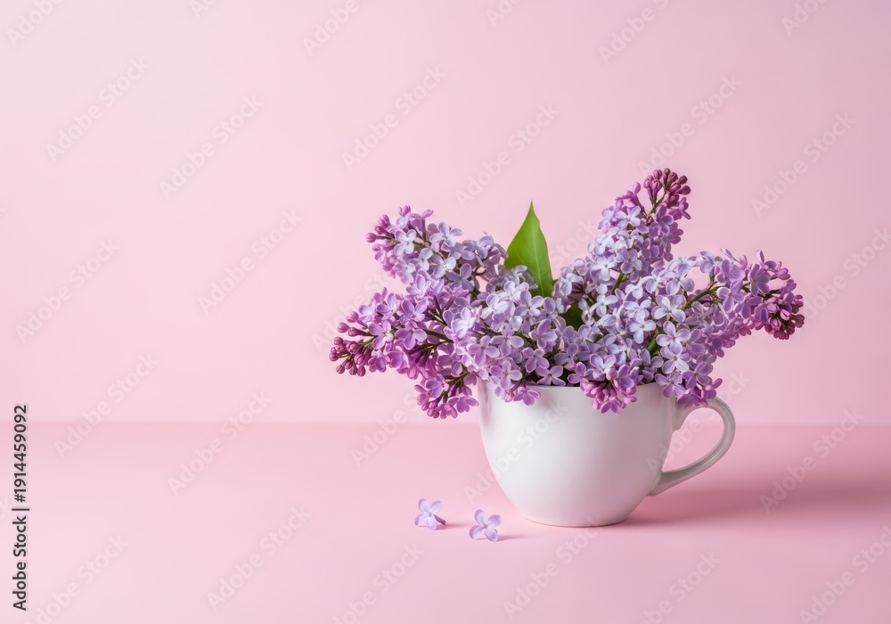 Obraz premium Purple lilac flowers arranged aesthetically in a white mug on a pastel pink background, spring bloom concept for Mothers Day.