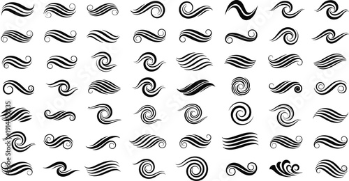 Large collection of black wave icons and spiral swirl symbols in various styles for ocean sea water splash and decorative nautical design projects vector.
