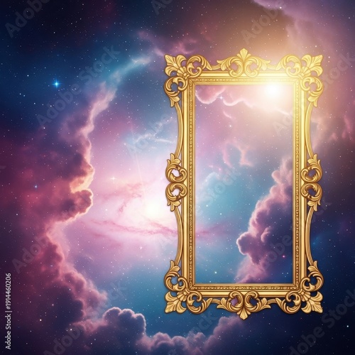 Golden Frame Floating in a Dreamy Nebula Sky.
