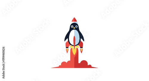 Penguin Wearing Rocket Pack Blasting Off.