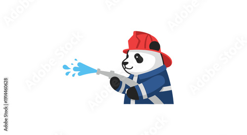 Panda wearing firefighter hat spraying water.