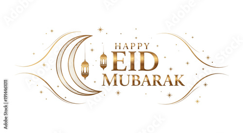 Elegant Eid Mubarak Greeting with Crescent Moon and Lanterns