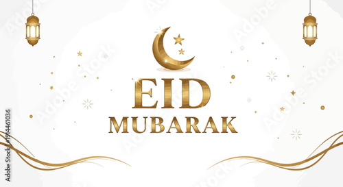 Elegant Eid Mubarak Celebration Card with Gold Accents and Islamic Motifs