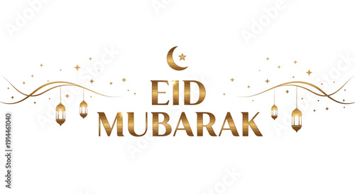 Elegant Eid Mubarak Greeting with Golden Text and Lanterns