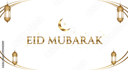 Elegant Eid Mubarak Greeting Card with Crescent Moon and Lanterns