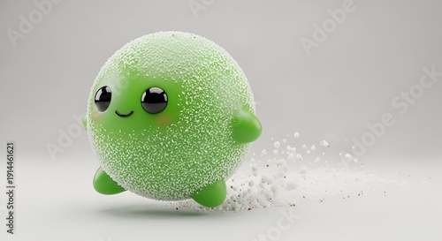 A Cute Green Round Character with Big Black Eyes and a Happy Smile Covered in White Flakes Trails Behind It Leaving a Dusty Path on a Light Gray Background