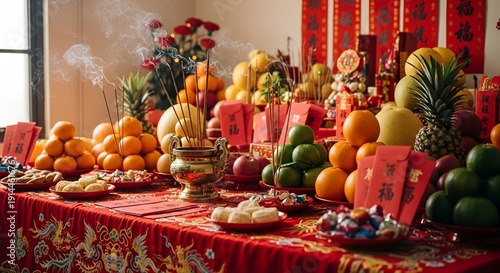 Abundant Altar Display With Fruits Flowers Oranges Citrus Pineapples Pomegranates And Red Envelopes Symbolizing Prosperity And Good Fortune During Festive Celebrations With Incense Smoke And Festive