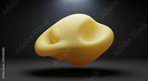Abstract Yellow Organic Shape Floating in Dark Studio with Spotlight Lighting and Soft Shadows Futuristic Minimalist Design