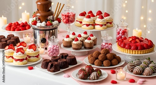 Abundant Dessert Buffet Featuring Chocolate Fountain Strawberries Cakes Cookies and Candies with Romantic Ambiance and Soft Lighting Perfect for Celebrations
