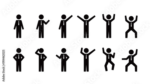 Pictogram of a human figure, set of various poses of a businessman wearing a tie