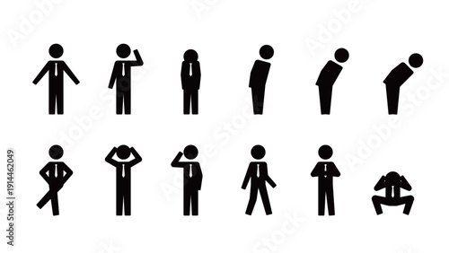 Pictogram of a human figure, set of various poses of a businessman wearing a tie