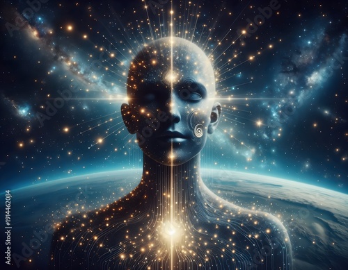 Abstract depiction of a cosmic being or enlightened individual with intricate light patterns across body, set against a universe backdrop