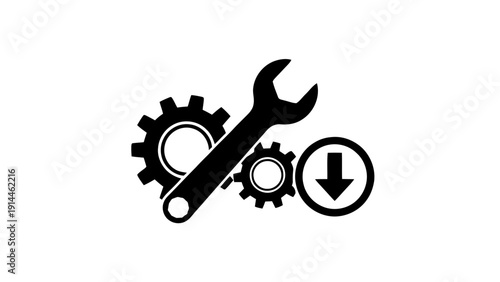 Vector illustration of black and white icon representing settings, maintenance, repair, and download functions with gears, wrench, and arrow symbol on a transparent background
