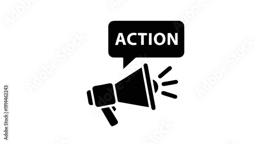 Vector illustration of black silhouette icon of a megaphone with a speech bubble saying action, on a transparent background