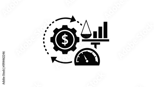 Vector illustration of business process optimization icon with dollar sign gear, balance scale, and bar chart for cost efficiency and performance measurement on a transparent background
