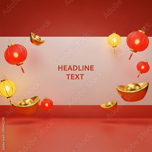 Decorative New Year Lanterns and Gold Ingots with Headline Text