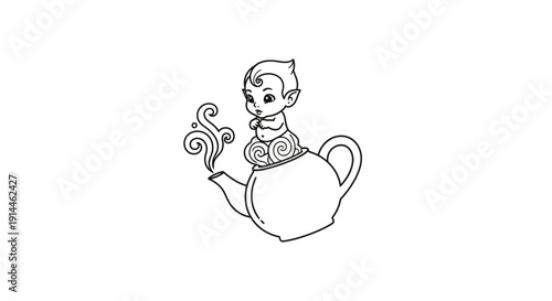 Teapot with a smiling face spouting steam.