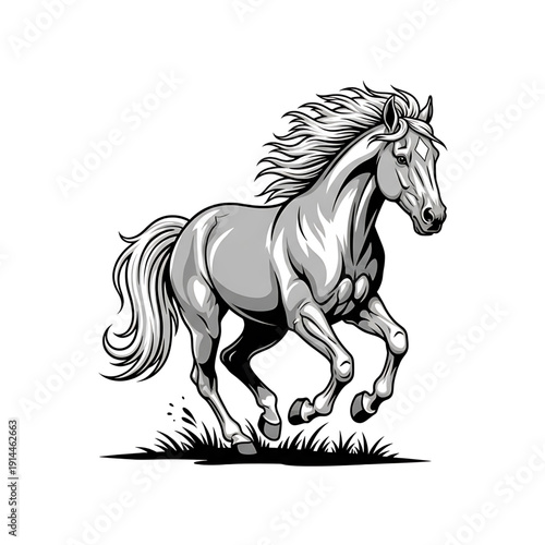 Gray horse rearing on grass in motion